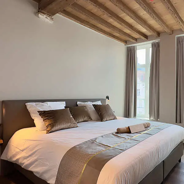 Deluxe kamer met tweepersoonsbed, kussens en houten balkenplafond